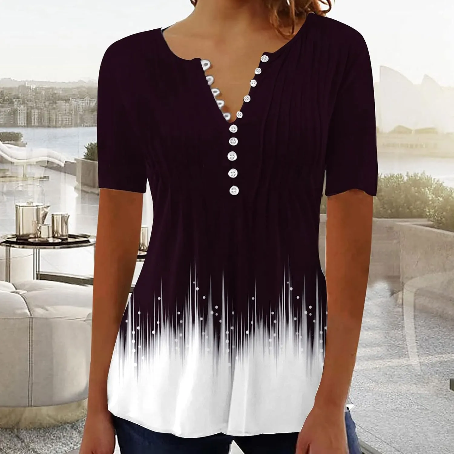 Ceboyel Loose Fitting Tops for Women 2023 Button Down Henley Blouse Floral Short Sleeve Tunic Shirt Dressy Ladies Clothing