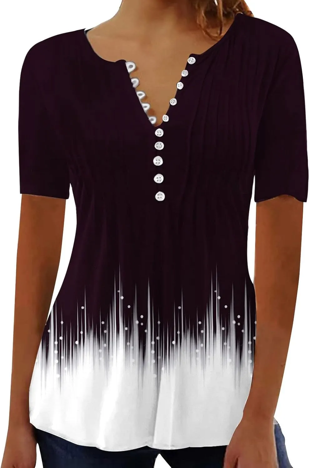 Ceboyel Loose Fitting Tops for Women 2023 Button Down Henley Blouse Floral Short Sleeve Tunic Shirt Dressy Ladies Clothing