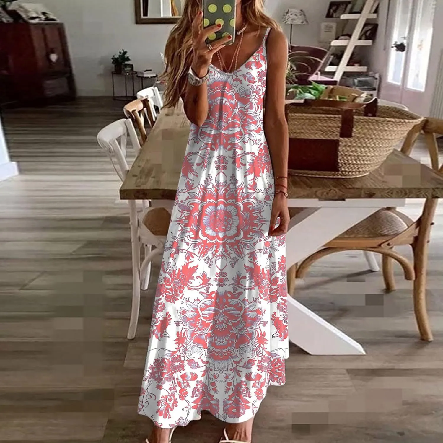 Ceboyel Summer Sundresses for Women 2024 Trendy Casual Floral Sun Dresses Spaghetti Strap Beach Maxi Dress Vacation Outfits