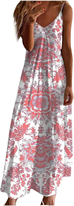 Ceboyel Summer Sundresses for Women 2024 Trendy Casual Floral Sun Dresses Spaghetti Strap Beach Maxi Dress Vacation Outfits
