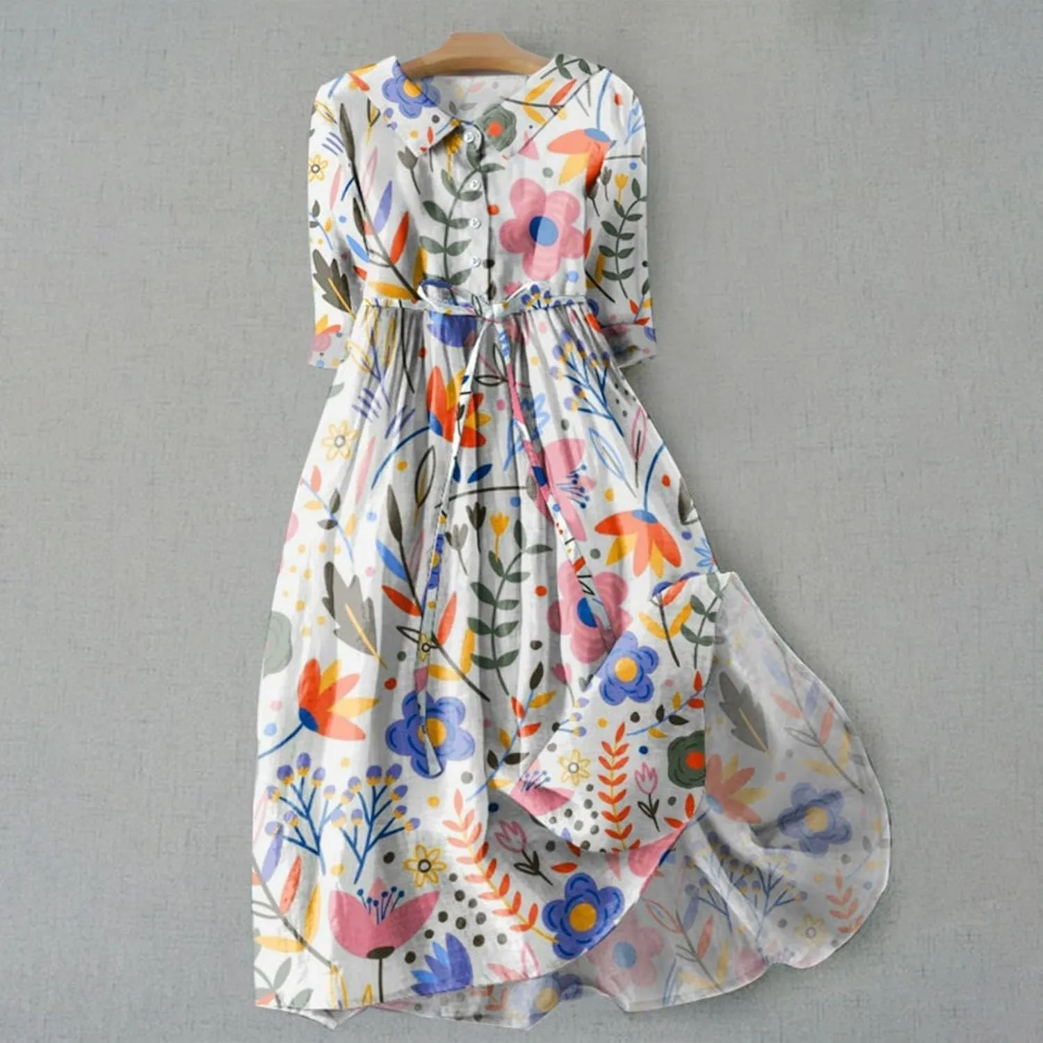 Ceboyel Women Bohemian Cotton Linen Dresses 3/4 Sleeve Maxi Long Dress Plain Classic Dresses Trendy Boho Dresses with Belt