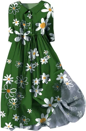 Ceboyel Women Bohemian Cotton Linen Dresses 3/4 Sleeve Maxi Long Dress Plain Classic Dresses Trendy Boho Dresses with Belt