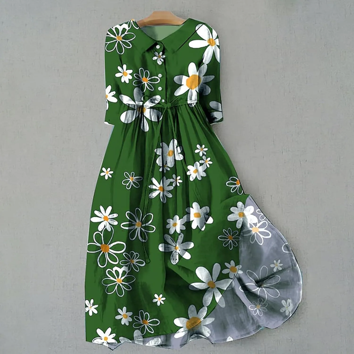 Ceboyel Women Bohemian Cotton Linen Dresses 3/4 Sleeve Maxi Long Dress Plain Classic Dresses Trendy Boho Dresses with Belt