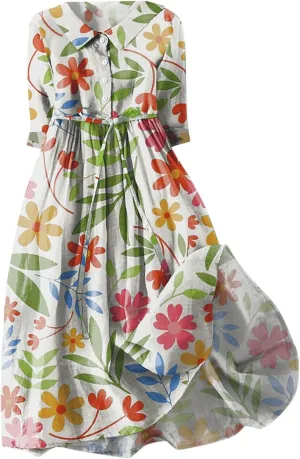 Ceboyel Women Bohemian Cotton Linen Dresses 3/4 Sleeve Maxi Long Dress Plain Classic Dresses Trendy Boho Dresses with Belt