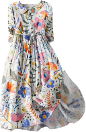 Ceboyel Women Bohemian Cotton Linen Dresses 3/4 Sleeve Maxi Long Dress Plain Classic Dresses Trendy Boho Dresses with Belt