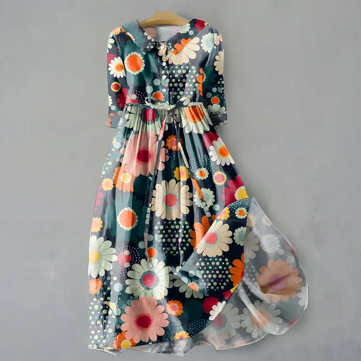 Ceboyel Women Bohemian Cotton Linen Dresses 3/4 Sleeve Maxi Long Dress Plain Classic Dresses Trendy Boho Dresses with Belt