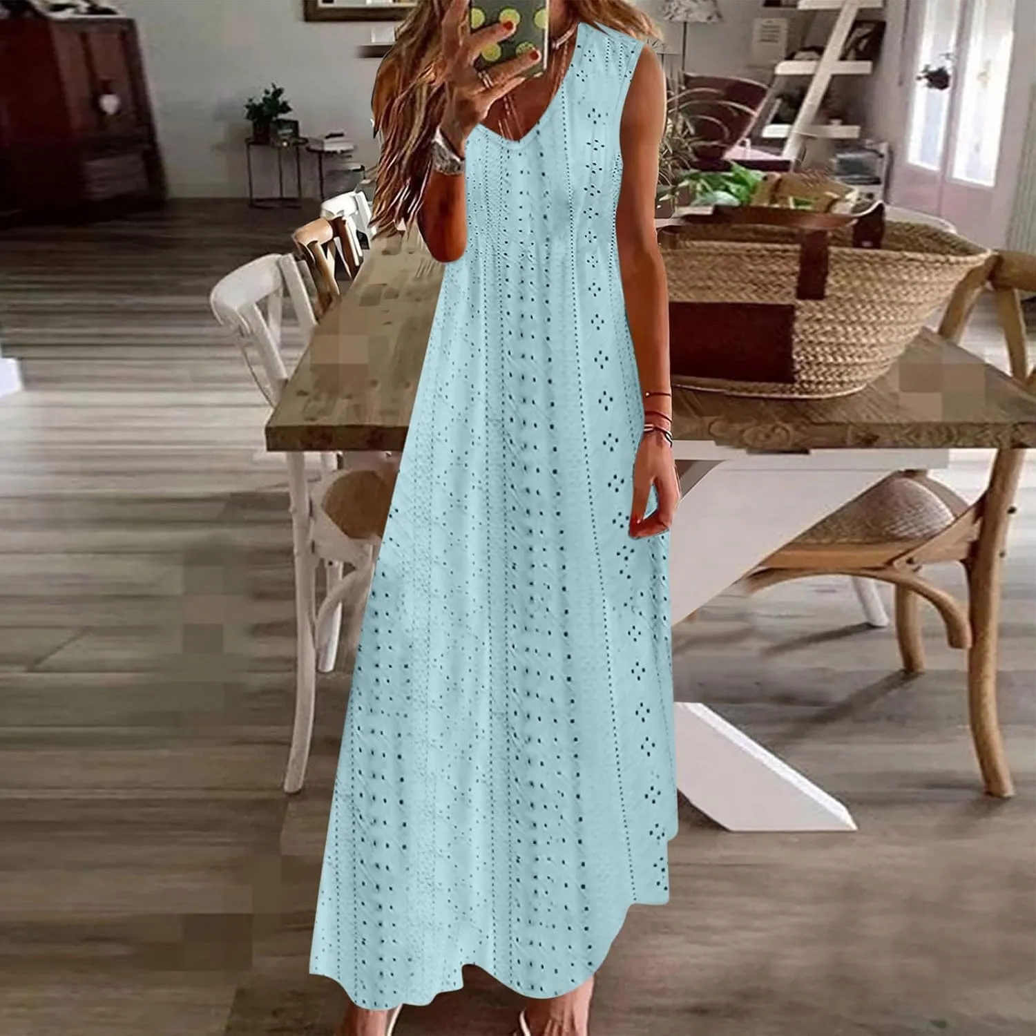 Ceboyel Women Bohemian Maxi Dresses 2024 Summer Vacation Tank Dress Trendy Sleeveless Eyelet Dresses Dressy Causal Clothes