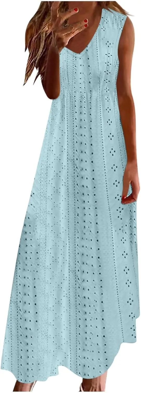 Ceboyel Women Bohemian Maxi Dresses 2024 Summer Vacation Tank Dress Trendy Sleeveless Eyelet Dresses Dressy Causal Clothes