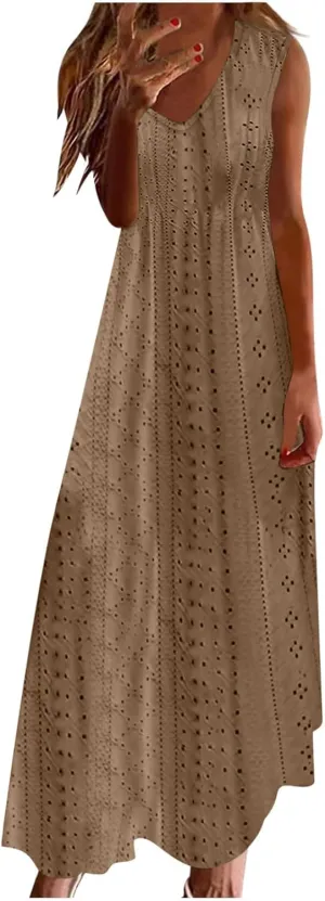 Ceboyel Women Bohemian Maxi Dresses 2024 Summer Vacation Tank Dress Trendy Sleeveless Eyelet Dresses Dressy Causal Clothes