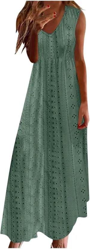 Ceboyel Women Bohemian Maxi Dresses 2024 Summer Vacation Tank Dress Trendy Sleeveless Eyelet Dresses Dressy Causal Clothes