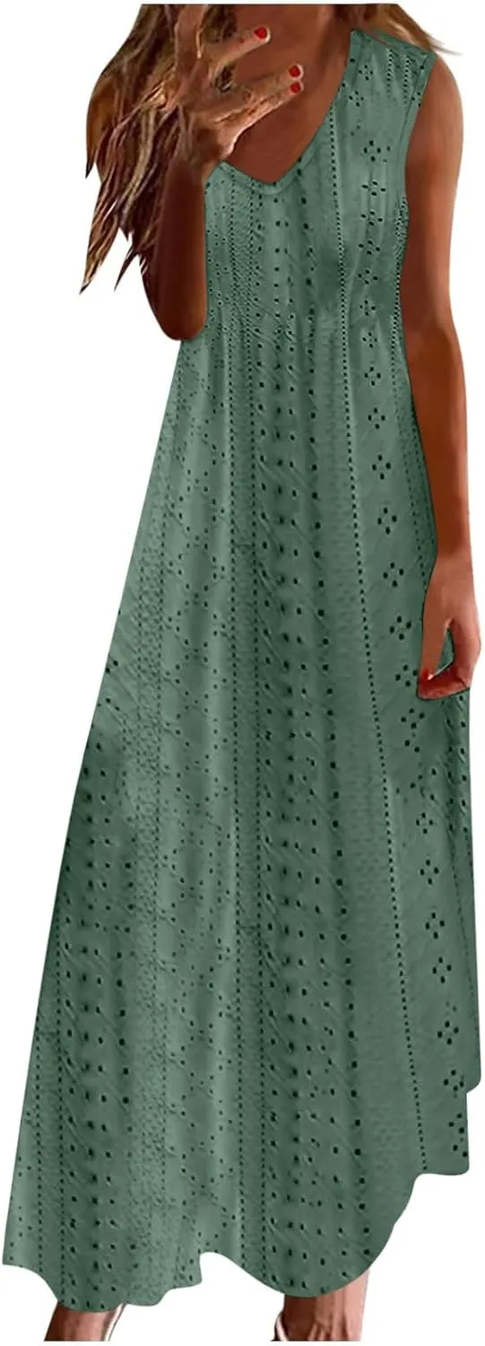 Ceboyel Women Bohemian Maxi Dresses 2024 Summer Vacation Tank Dress Trendy Sleeveless Eyelet Dresses Dressy Causal Clothes
