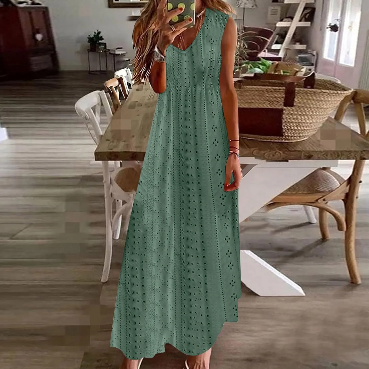 Ceboyel Women Bohemian Maxi Dresses 2024 Summer Vacation Tank Dress Trendy Sleeveless Eyelet Dresses Dressy Causal Clothes