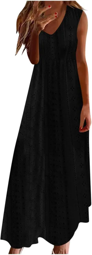Ceboyel Women Bohemian Maxi Dresses 2024 Summer Vacation Tank Dress Trendy Sleeveless Eyelet Dresses Dressy Causal Clothes