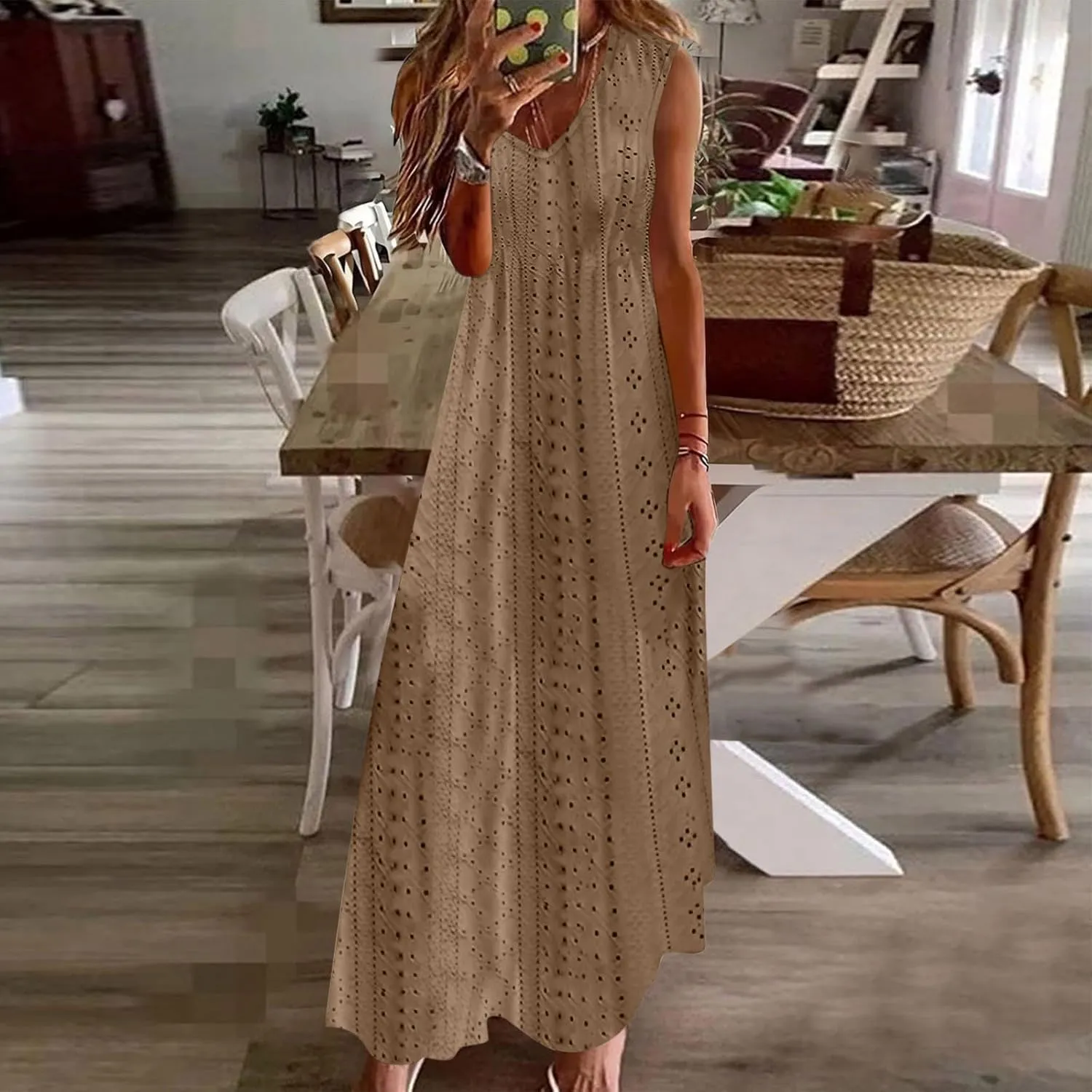 Ceboyel Women Bohemian Maxi Dresses 2024 Summer Vacation Tank Dress Trendy Sleeveless Eyelet Dresses Dressy Causal Clothes