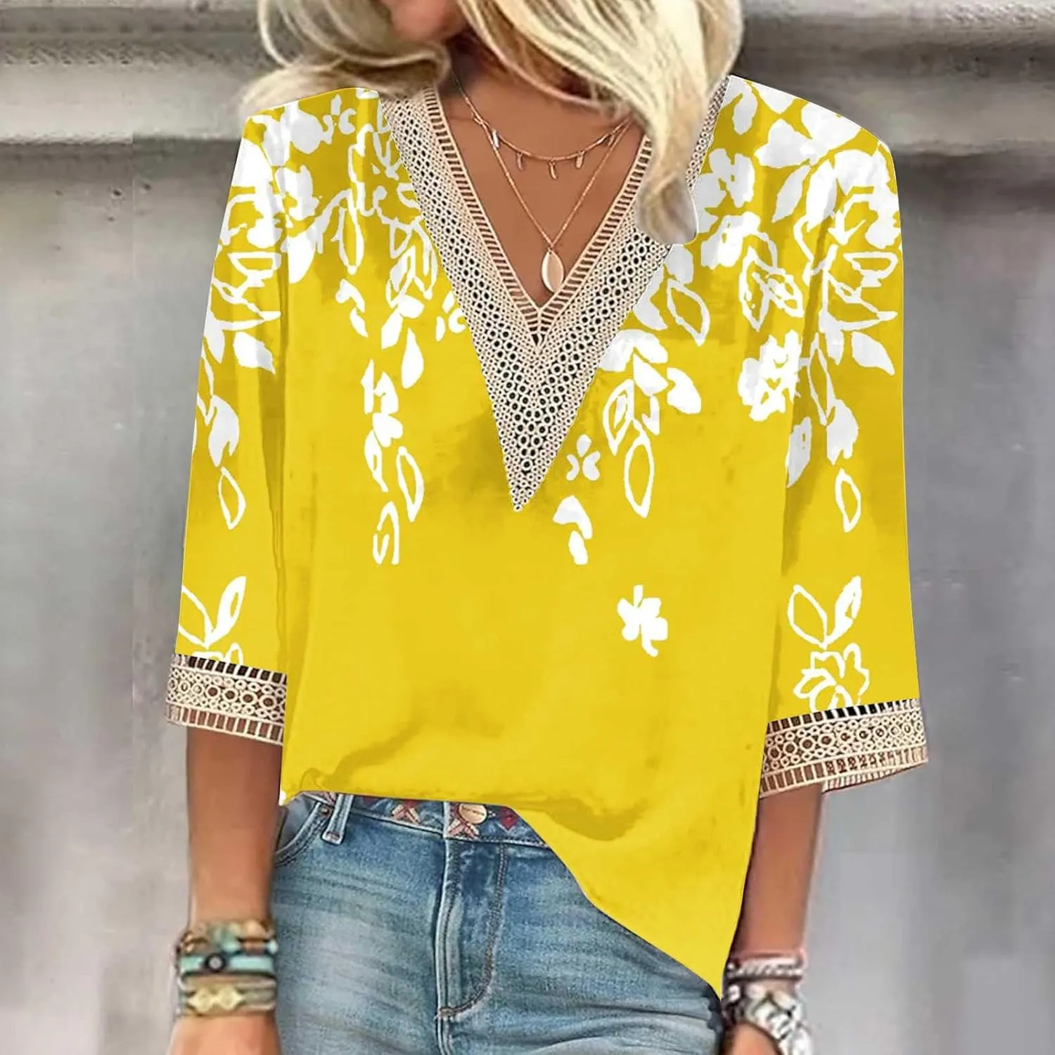 Ceboyel Women Boho Trendy Summer Tops 3/4 Length Sleeve Shirts Lace Trim V Neck Blouses Dressy Causal Bohemian Ladies Clothes