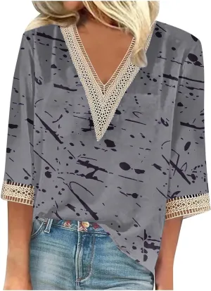Ceboyel Women Boho Trendy Summer Tops 3/4 Length Sleeve Shirts Lace Trim V Neck Blouses Dressy Causal Bohemian Ladies Clothes