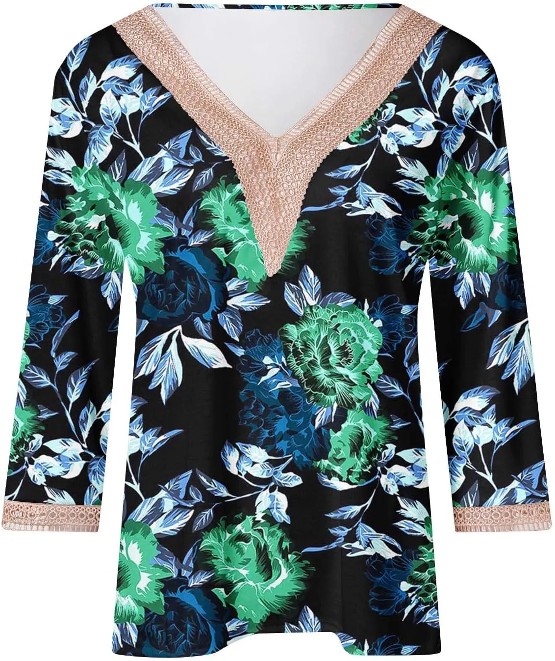 Ceboyel Women Boho Trendy Summer Tops 3/4 Length Sleeve Shirts Lace Trim V Neck Blouses Dressy Causal Bohemian Ladies Clothes