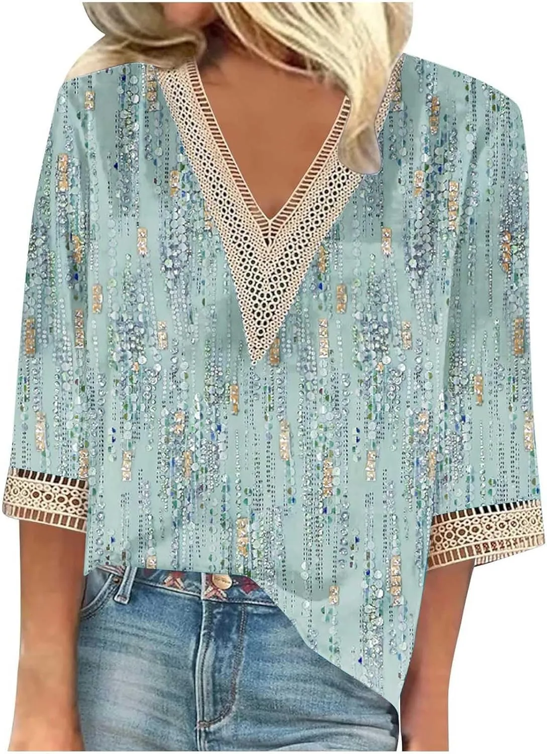 Ceboyel Women Boho Trendy Summer Tops 3/4 Length Sleeve Shirts Lace Trim V Neck Blouses Dressy Causal Bohemian Ladies Clothes