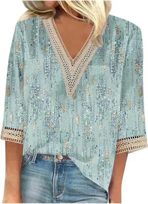 Ceboyel Women Boho Trendy Summer Tops 3/4 Length Sleeve Shirts Lace Trim V Neck Blouses Dressy Causal Bohemian Ladies Clothes