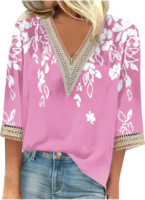Ceboyel Women Boho Trendy Summer Tops 3/4 Length Sleeve Shirts Lace Trim V Neck Blouses Dressy Causal Bohemian Ladies Clothes