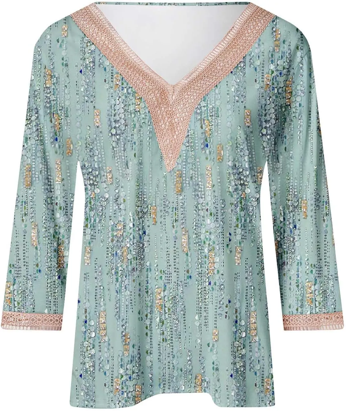 Ceboyel Women Boho Trendy Summer Tops 3/4 Length Sleeve Shirts Lace Trim V Neck Blouses Dressy Causal Bohemian Ladies Clothes