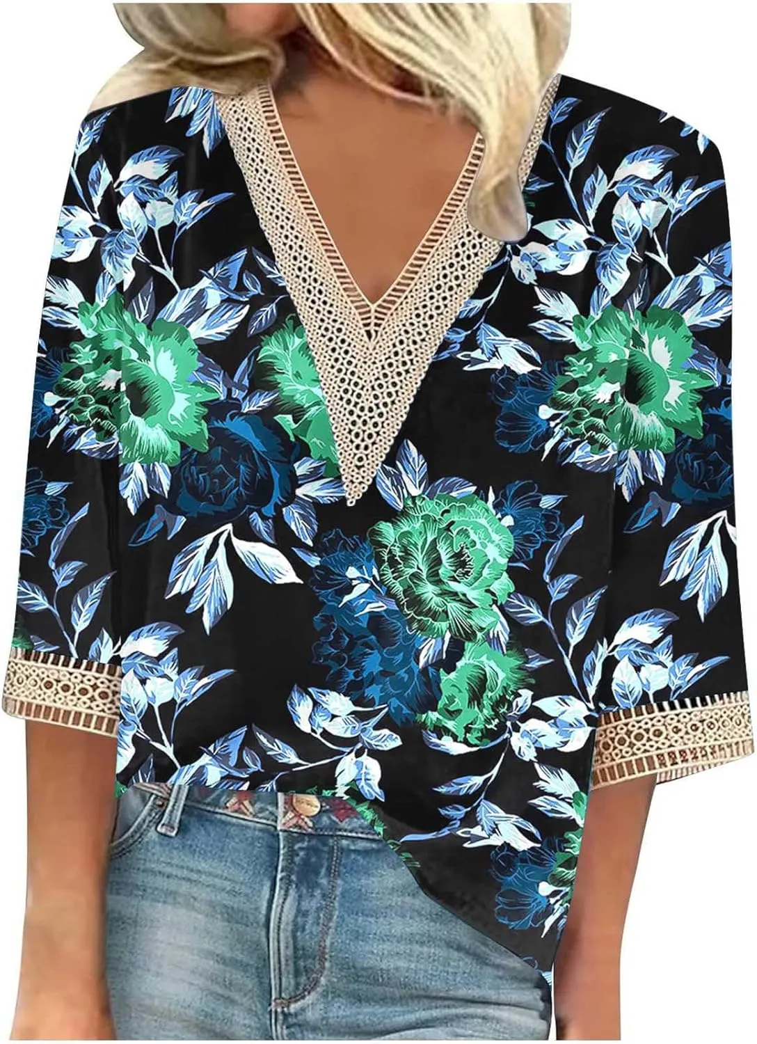 Ceboyel Women Boho Trendy Summer Tops 3/4 Length Sleeve Shirts Lace Trim V Neck Blouses Dressy Causal Bohemian Ladies Clothes