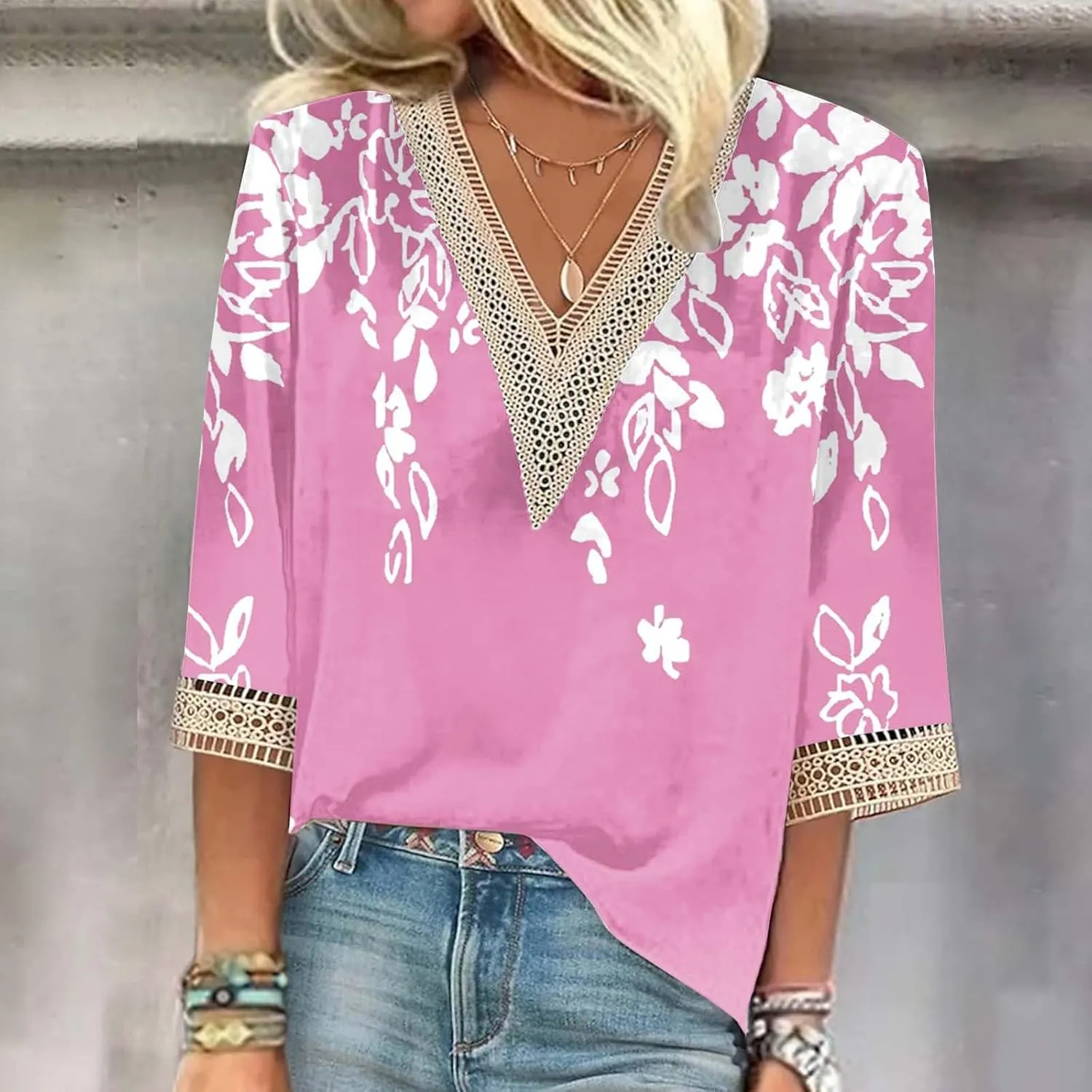 Ceboyel Women Boho Trendy Summer Tops 3/4 Length Sleeve Shirts Lace Trim V Neck Blouses Dressy Causal Bohemian Ladies Clothes