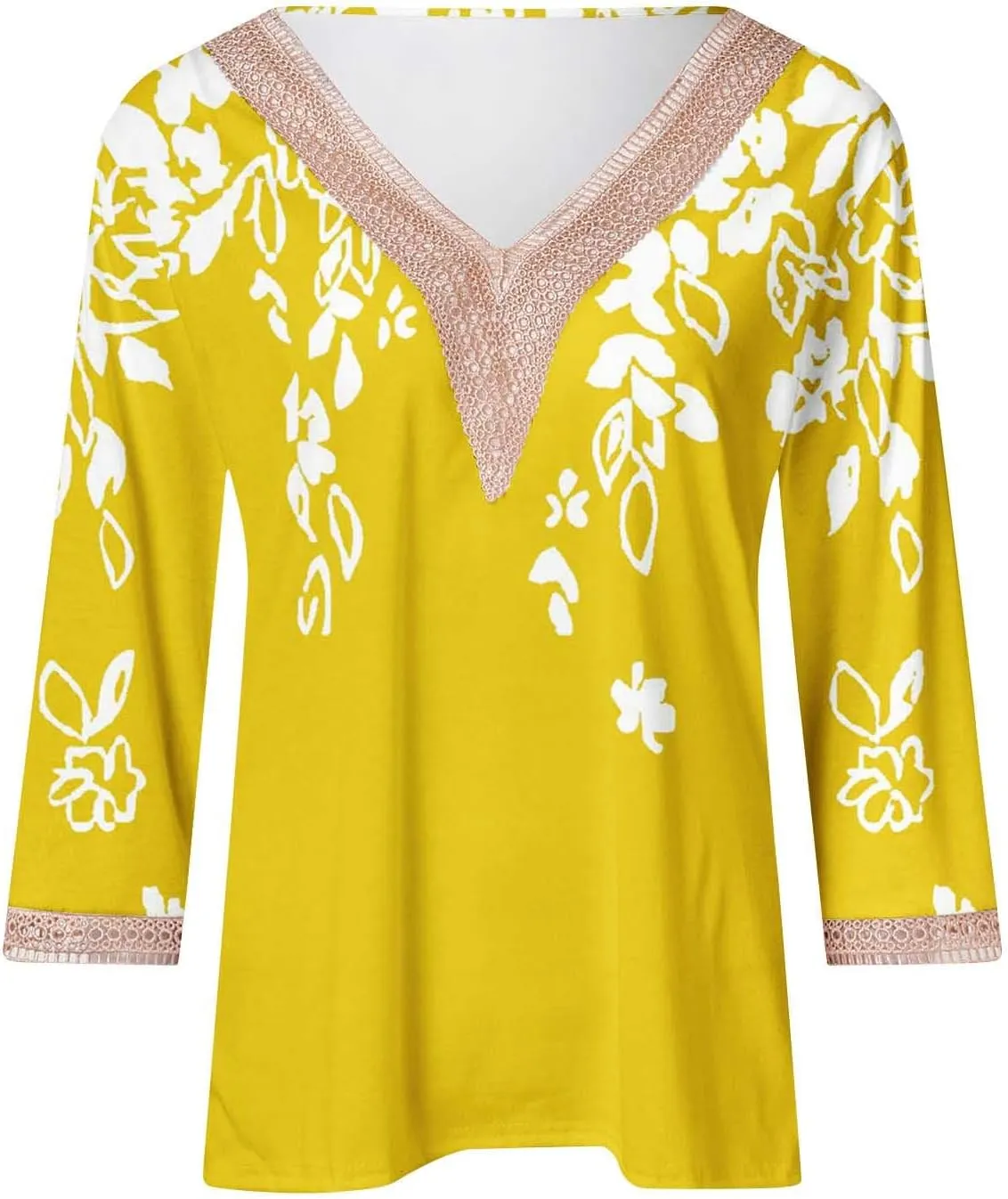Ceboyel Women Boho Trendy Summer Tops 3/4 Length Sleeve Shirts Lace Trim V Neck Blouses Dressy Causal Bohemian Ladies Clothes