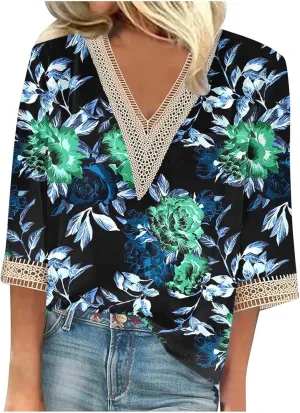 Ceboyel Women Boho Trendy Summer Tops 3/4 Length Sleeve Shirts Lace Trim V Neck Blouses Dressy Causal Bohemian Ladies Clothes