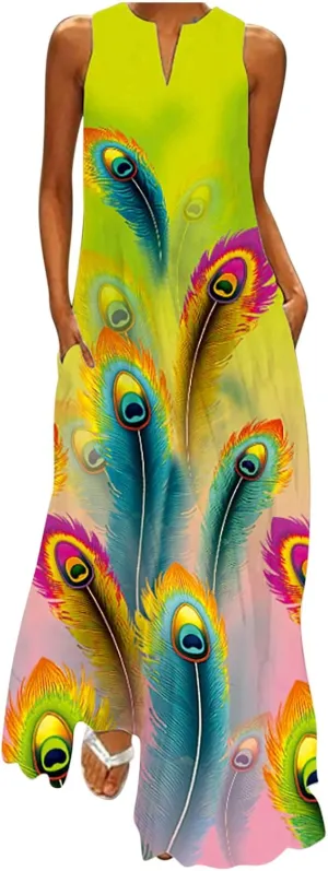 Ceboyel Womens 2023 Colorful Summer Dress Sleeveless Flowy Maxi Dresses Long Sun Dress Dressy Causal Trendy Beach Outfits