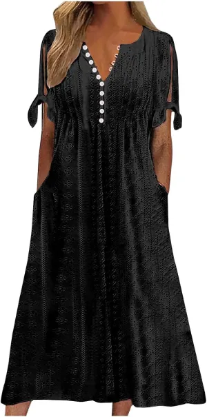 Ceboyel Womens Eyelet Casual Summer Dress Boho Embroidery Maxi Dresses Pleated Long Dress Vacation Trendy Clothing 2024