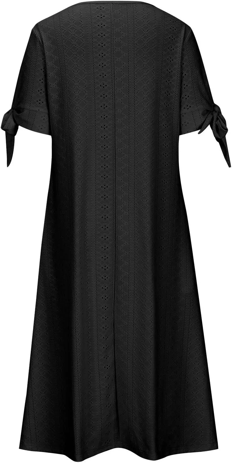 Ceboyel Womens Eyelet Casual Summer Dress Boho Embroidery Maxi Dresses Pleated Long Dress Vacation Trendy Clothing 2024