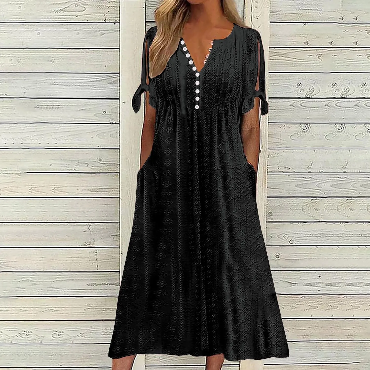 Ceboyel Womens Eyelet Casual Summer Dress Boho Embroidery Maxi Dresses Pleated Long Dress Vacation Trendy Clothing 2024