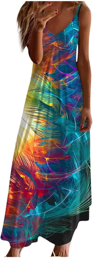 Ceboyel Womens Floral Boho Sundresses 2024 Spaghetti Strap Summer Maxi Dress Casual Sun Dress Trendy Beach Vacation Clothes
