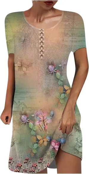 Ceboyel Womens Floral Vintage Dresses Short Sleeve Petite Dress Dressy Summer Casual Dresses Bohemian Clothes 2023