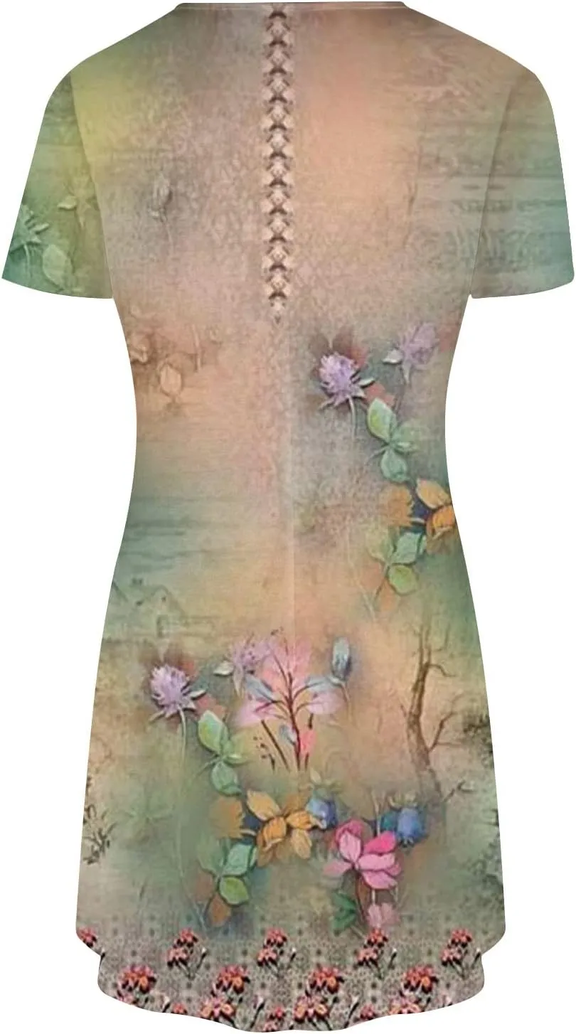 Ceboyel Womens Floral Vintage Dresses Short Sleeve Petite Dress Dressy Summer Casual Dresses Bohemian Clothes 2023