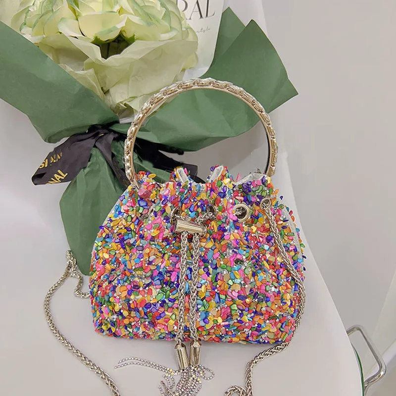 Chain Tassel Sequins Handbag Shiny One Shoulder Bucket Bag