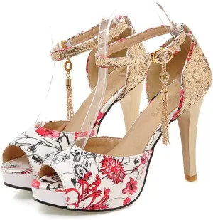 ChaiRong Zhou Women's Fashion Platform High Heels Open Peep Toe Stiletto Sandals Glitter Sequins Ankle Buckle Tassels Pumps