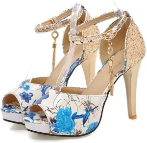 ChaiRong Zhou Women's Fashion Platform High Heels Open Peep Toe Stiletto Sandals Glitter Sequins Ankle Buckle Tassels Pumps