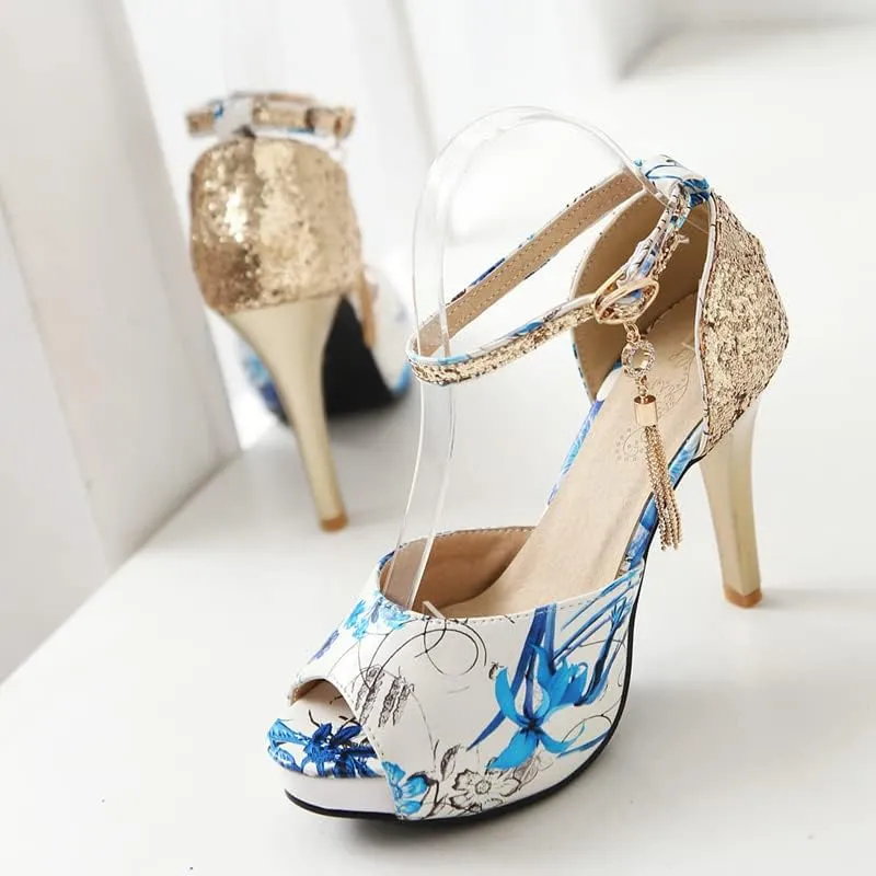 ChaiRong Zhou Women's Fashion Platform High Heels Open Peep Toe Stiletto Sandals Glitter Sequins Ankle Buckle Tassels Pumps