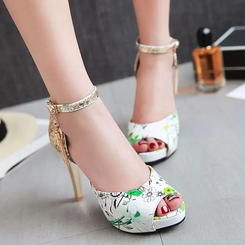 ChaiRong Zhou Women's Fashion Platform High Heels Open Peep Toe Stiletto Sandals Glitter Sequins Ankle Buckle Tassels Pumps