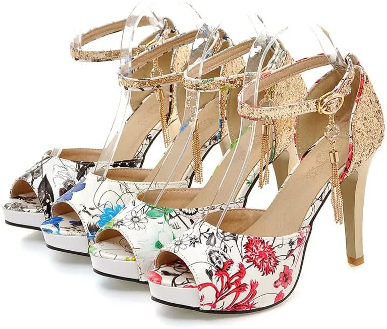 ChaiRong Zhou Women's Fashion Platform High Heels Open Peep Toe Stiletto Sandals Glitter Sequins Ankle Buckle Tassels Pumps