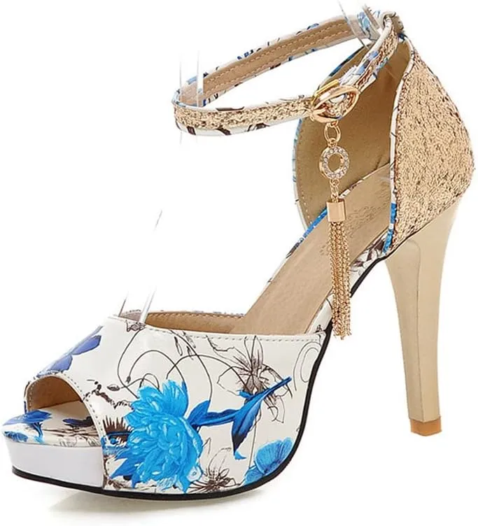 ChaiRong Zhou Women's Fashion Platform High Heels Open Peep Toe Stiletto Sandals Glitter Sequins Ankle Buckle Tassels Pumps