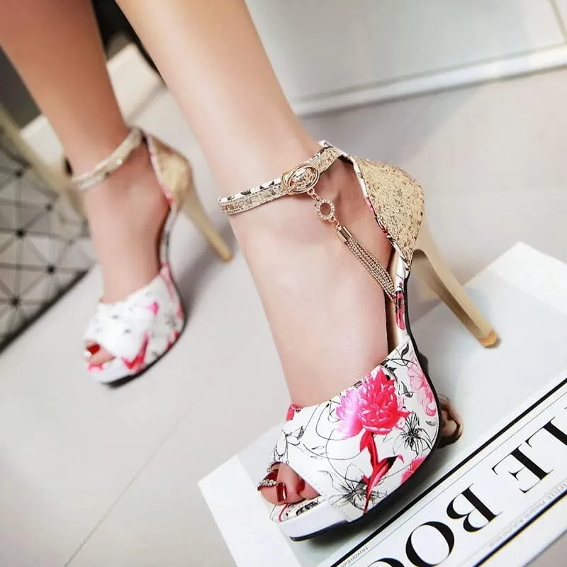 ChaiRong Zhou Women's Fashion Platform High Heels Open Peep Toe Stiletto Sandals Glitter Sequins Ankle Buckle Tassels Pumps