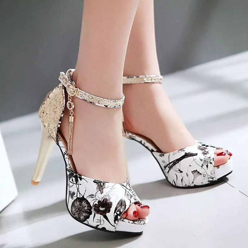 ChaiRong Zhou Women's Fashion Platform High Heels Open Peep Toe Stiletto Sandals Glitter Sequins Ankle Buckle Tassels Pumps