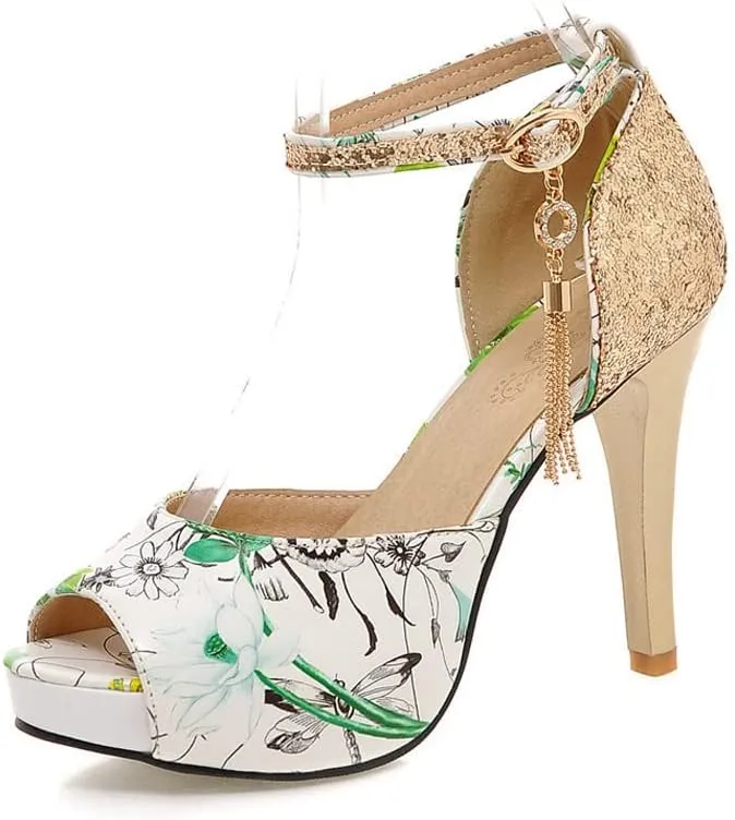 ChaiRong Zhou Women's Fashion Platform High Heels Open Peep Toe Stiletto Sandals Glitter Sequins Ankle Buckle Tassels Pumps