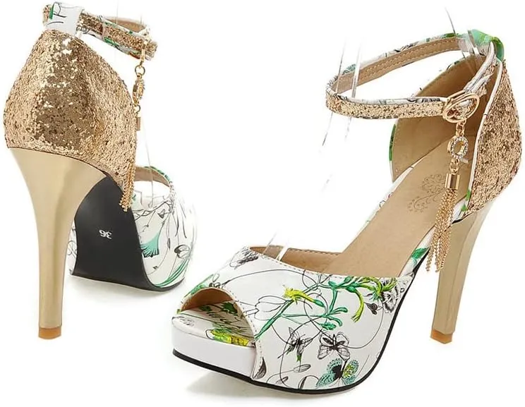 ChaiRong Zhou Women's Fashion Platform High Heels Open Peep Toe Stiletto Sandals Glitter Sequins Ankle Buckle Tassels Pumps