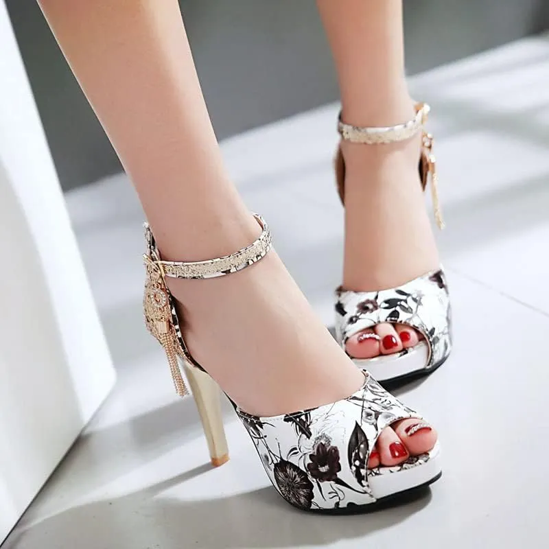 ChaiRong Zhou Women's Fashion Platform High Heels Open Peep Toe Stiletto Sandals Glitter Sequins Ankle Buckle Tassels Pumps