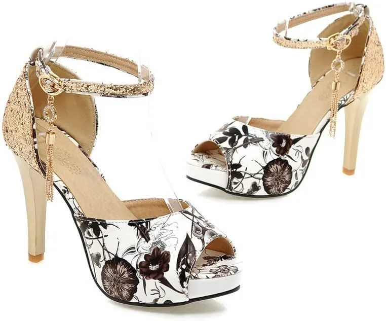 ChaiRong Zhou Women's Fashion Platform High Heels Open Peep Toe Stiletto Sandals Glitter Sequins Ankle Buckle Tassels Pumps