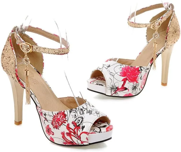 ChaiRong Zhou Women's Fashion Platform High Heels Open Peep Toe Stiletto Sandals Glitter Sequins Ankle Buckle Tassels Pumps